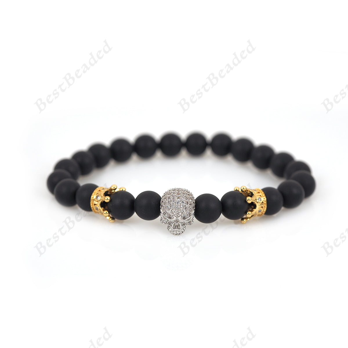 UNCOMMON Men's Beads Bracelet Two Gold Crown Charms Black Onyx Beads