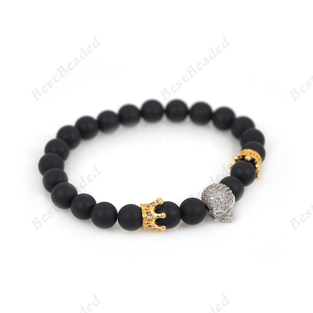 UNCOMMON Men's Beads Bracelet Two Gold Crown Charms Black Onyx Beads