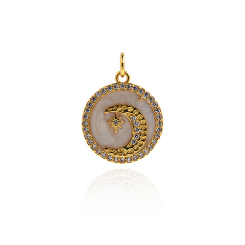 Enamel Star Moon Pendant-Micropavé Nail Star Moon Pendant-Celestial Jewelry  16mm
